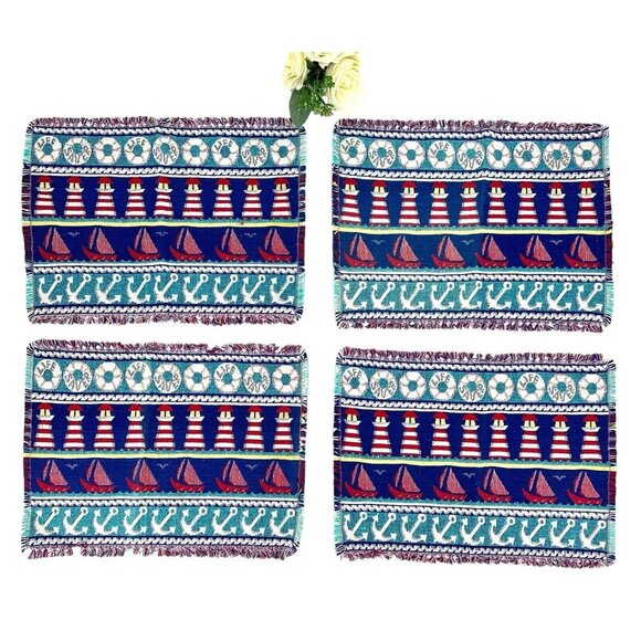 Set Of 4 Nautical Woven Placemats Sailboats Lighthouses Beach Cottage Blue Red - Picture 6 of 7